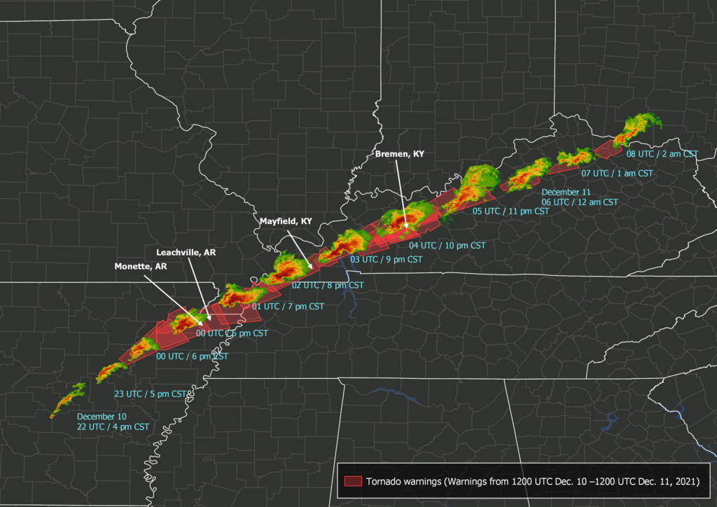 Tornado Warnings from the Historic Quad State Tornado on December 10-11, 2021